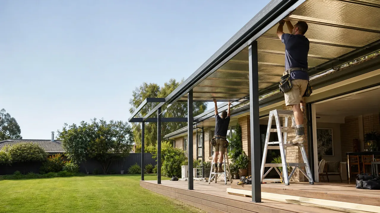 Illustrative patio construction beside a house with an outer row of posts